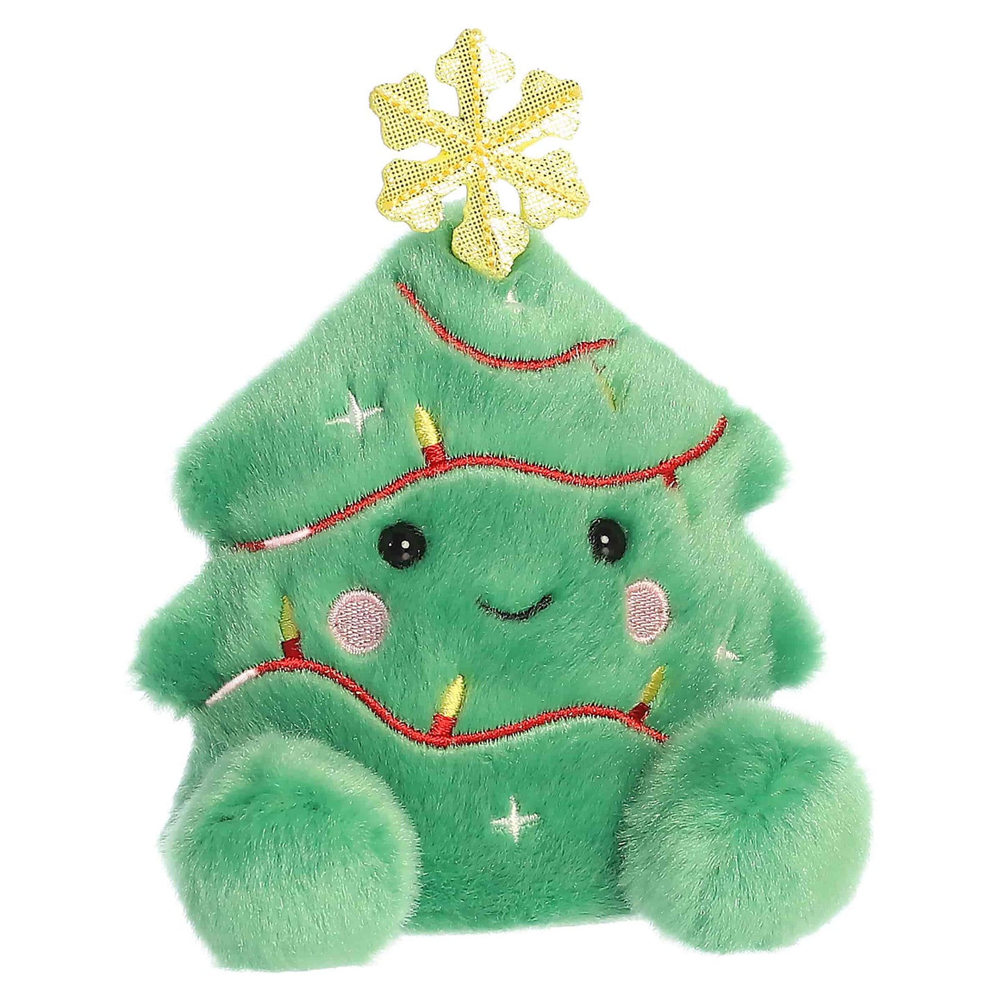 Palm Pals Balsam Christmas Tree 4-inch green plush featuring a yellow embroidered snowflake topper and red string lights.