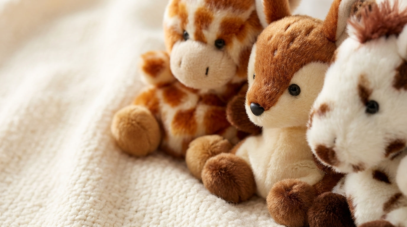 Three plush animal toys, including a giraffe and a zebra, on a soft beige surface.