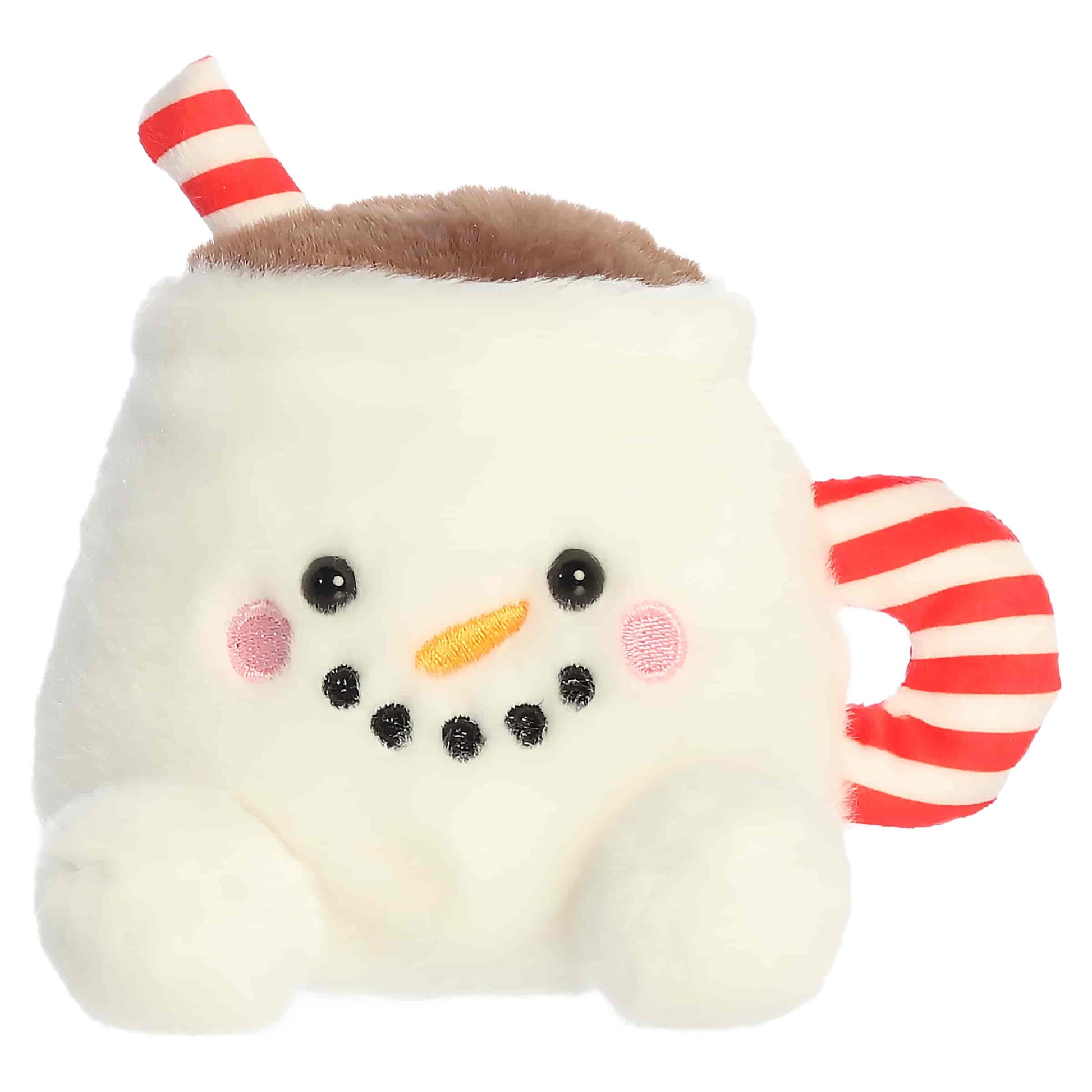 Palm Pals Briggs Snowman Cocoa 4.5-inch white plush mug featuring a carrot nose, coal smile, and red-and-white striped handle and straw.