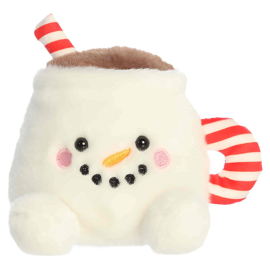 Palm Pals Briggs Snowman Cocoa 4.5-inch white plush mug featuring a carrot nose, coal smile, and red-and-white striped handle and straw.