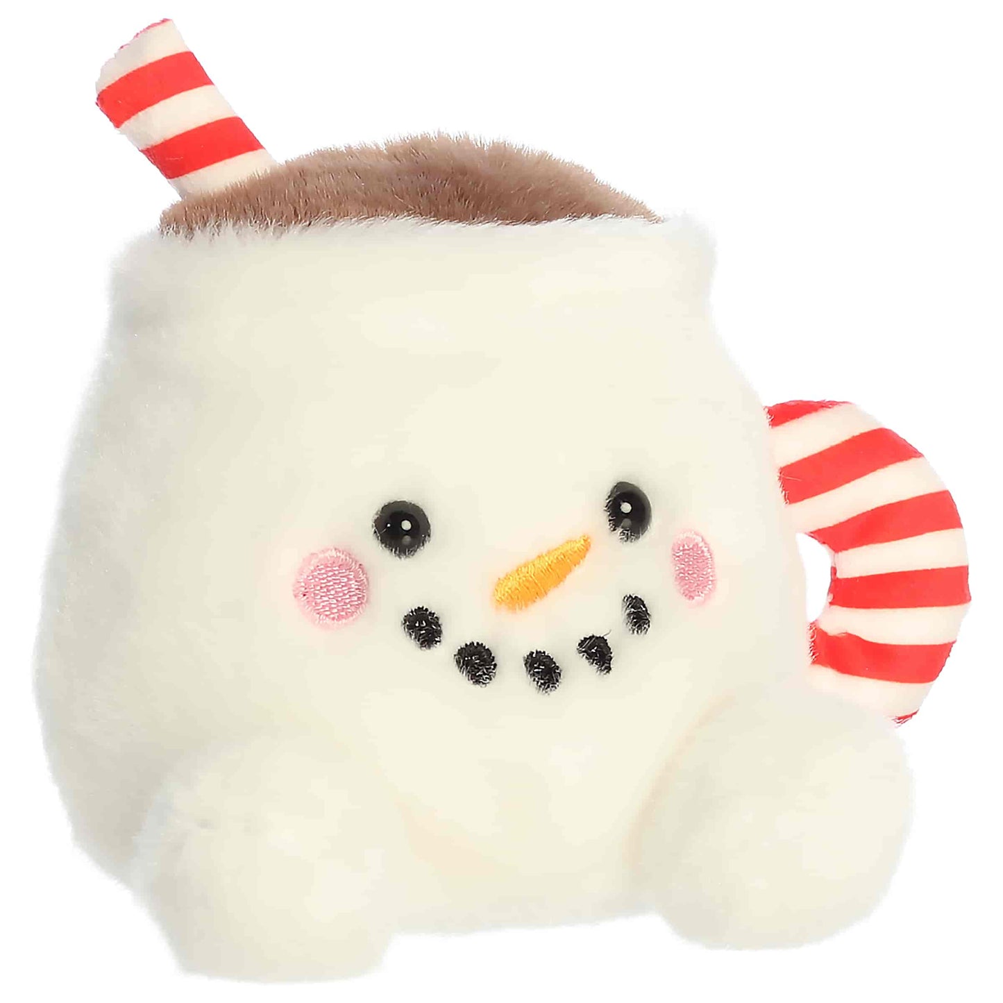 Palm Pals Briggs Snowman Cocoa 4.5-inch white plush mug featuring a carrot nose, coal smile, and red-and-white striped handle and straw.