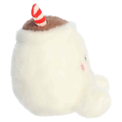 Palm Pals Briggs Snowman Cocoa 4.5-inch white plush mug featuring a carrot nose, coal smile, and red-and-white striped handle and straw.
