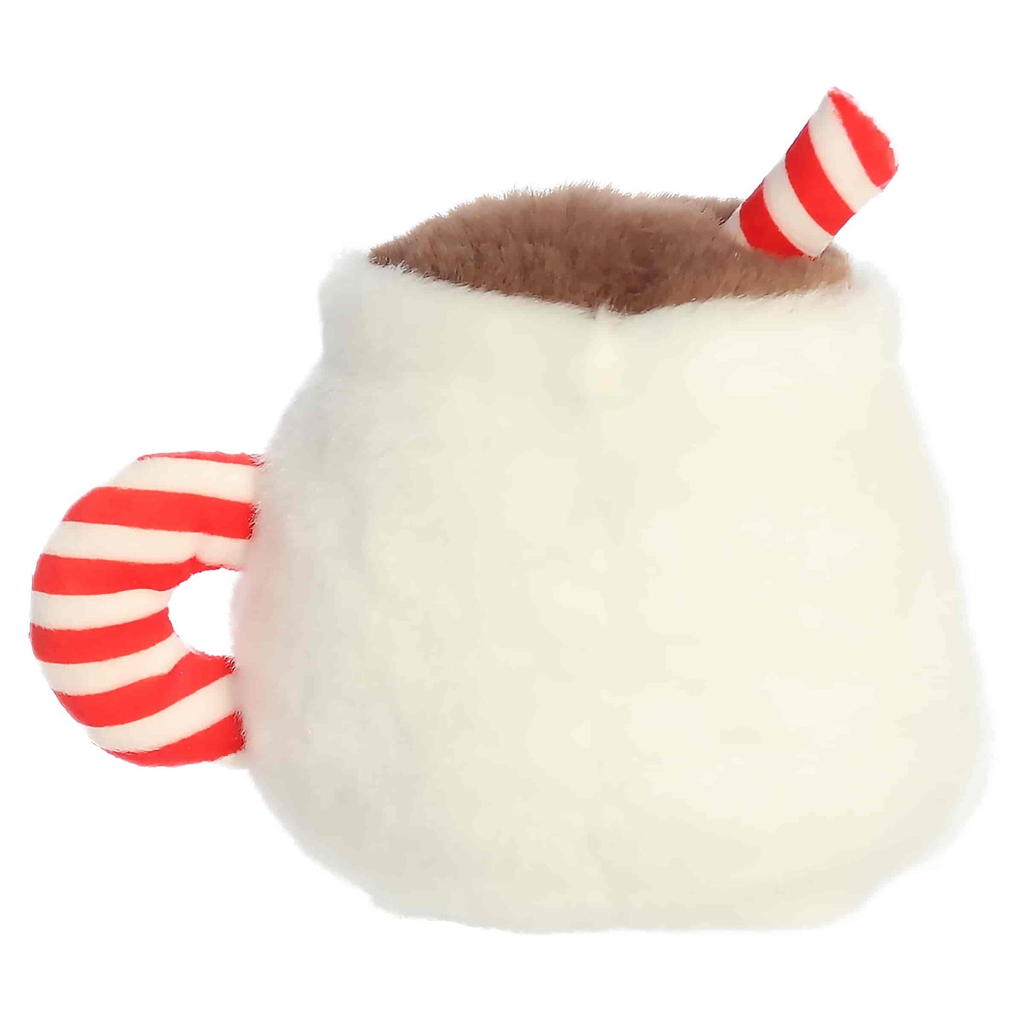 Palm Pals Briggs Snowman Cocoa 4.5-inch white plush mug featuring a carrot nose, coal smile, and red-and-white striped handle and straw.