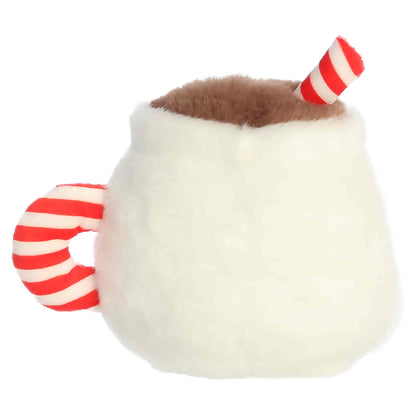 Palm Pals Briggs Snowman Cocoa 4.5-inch white plush mug featuring a carrot nose, coal smile, and red-and-white striped handle and straw.