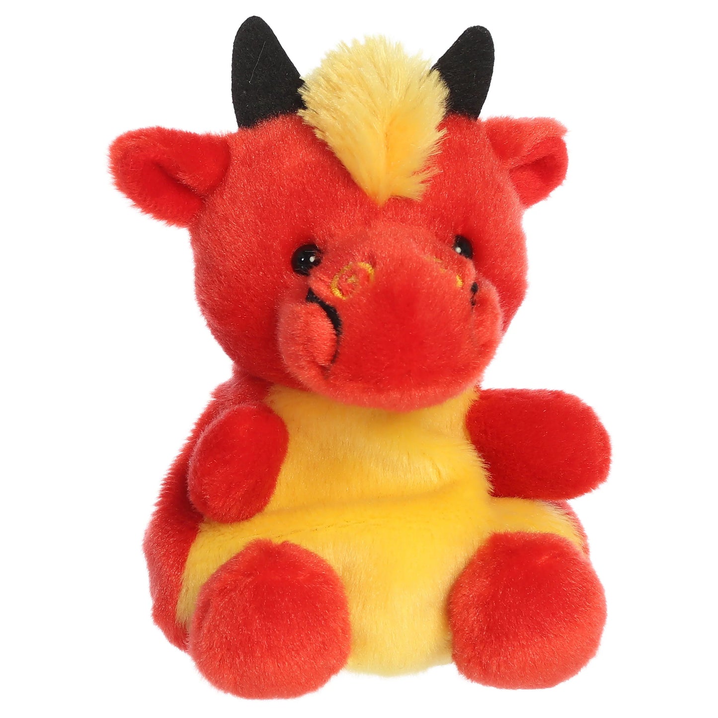 Palm Pals Bruce Chinese Dragon mythical plush toy with bold red and golden-yellow coloring and black horns