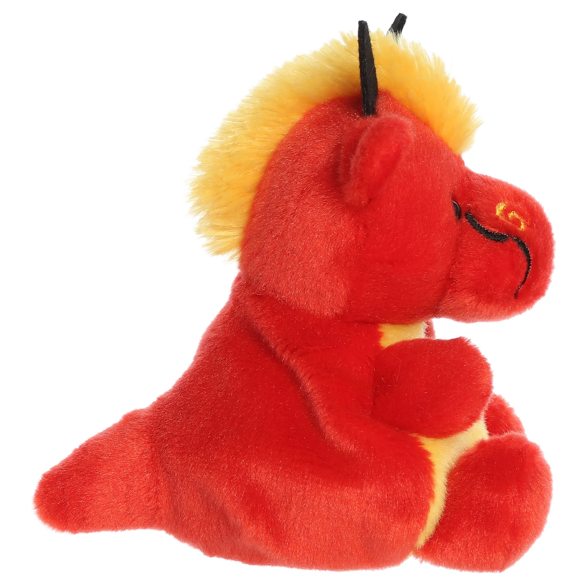 Palm Pals Bruce Chinese Dragon mythical plush toy with bold red and golden-yellow coloring and black horns