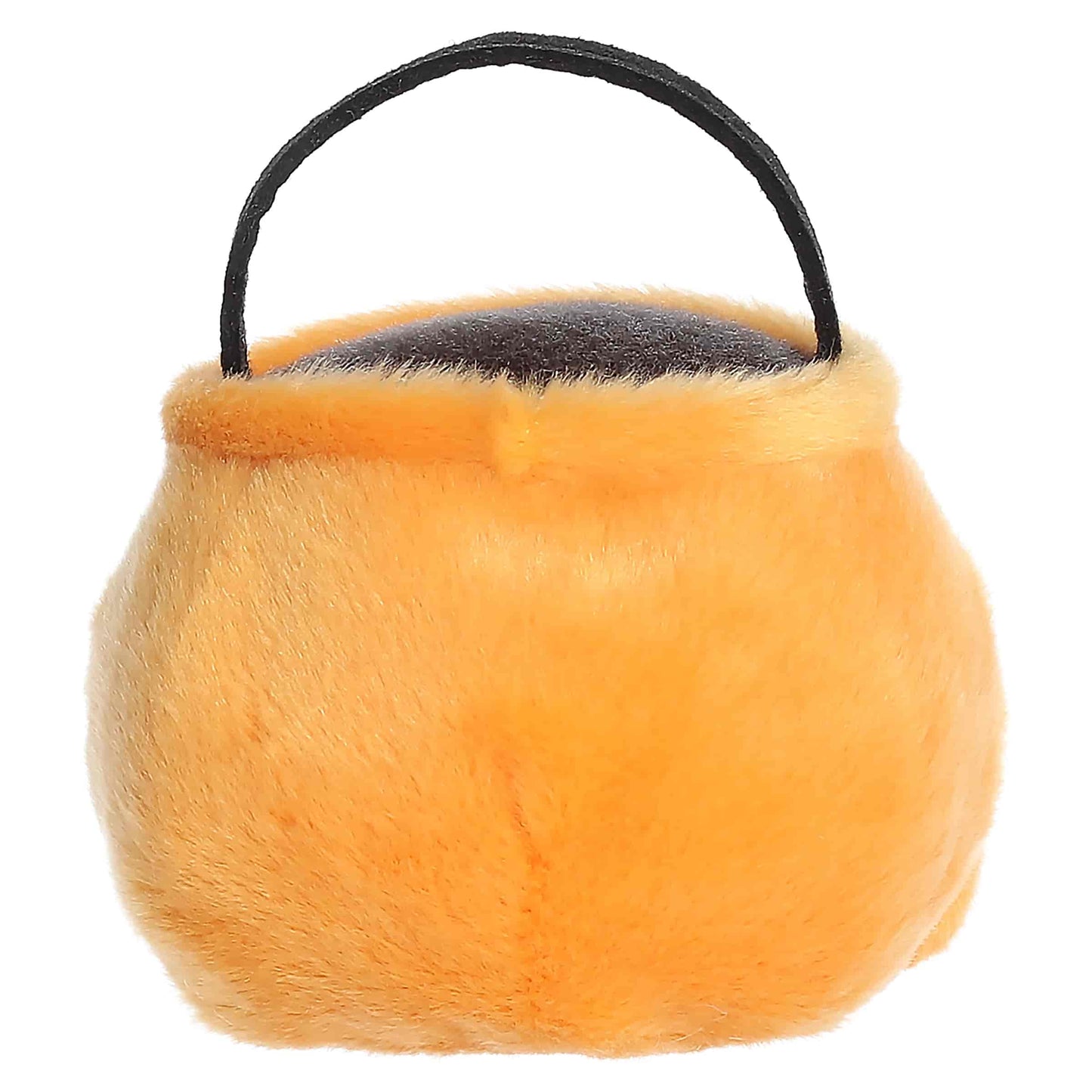 Palm Pals Bucky Candy Bucket 4-inch orange plush pumpkin treat bag with a black handle and embroidered jack-o'-lantern mouth.