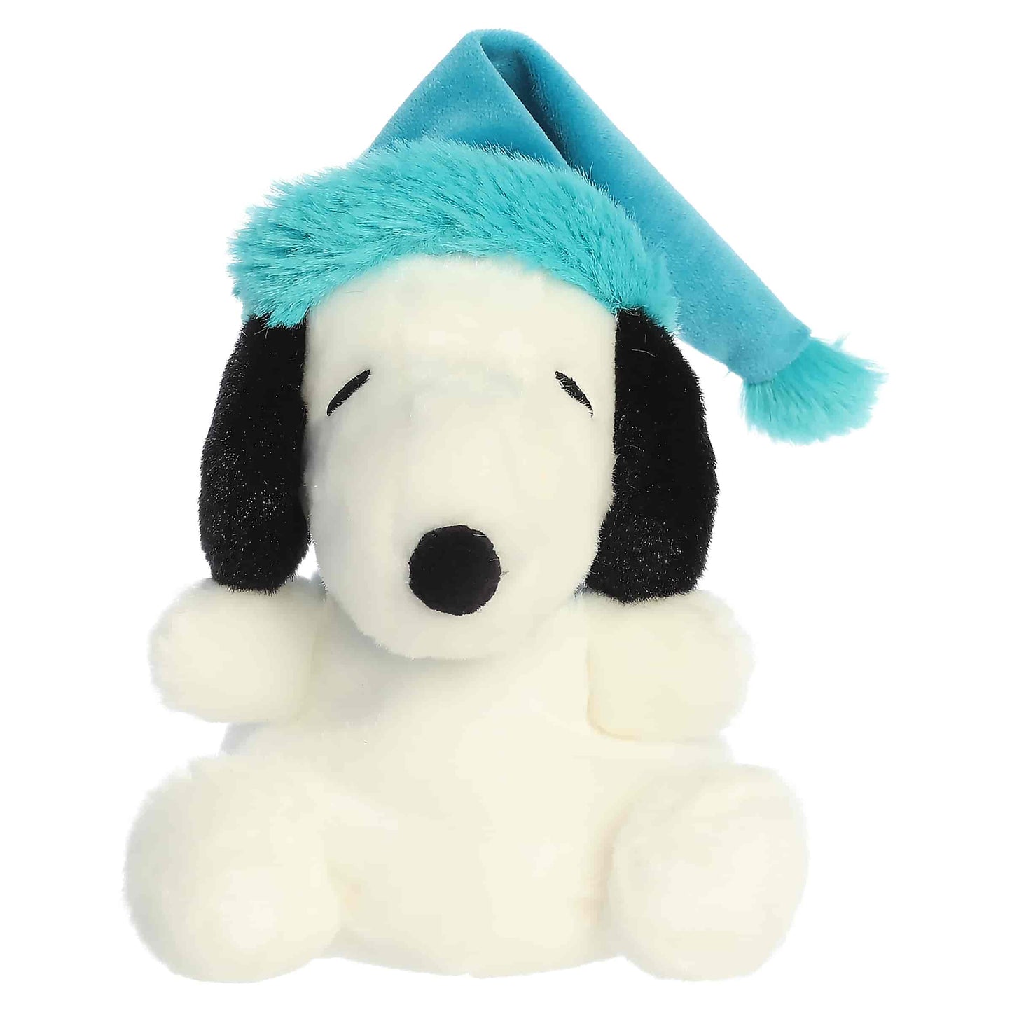 Palm Pals Bundled Up Snoopy plush wearing a teal blue winter cap with a turquoise faux fur trim and pom-pom.