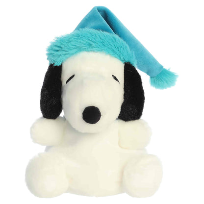 Palm Pals Bundled Up Snoopy plush wearing a teal blue winter cap with a turquoise faux fur trim and pom-pom.