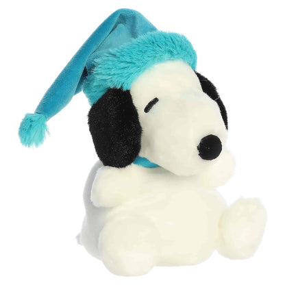 Palm Pals Bundled Up Snoopy plush wearing a teal blue winter cap with a turquoise faux fur trim and pom-pom.