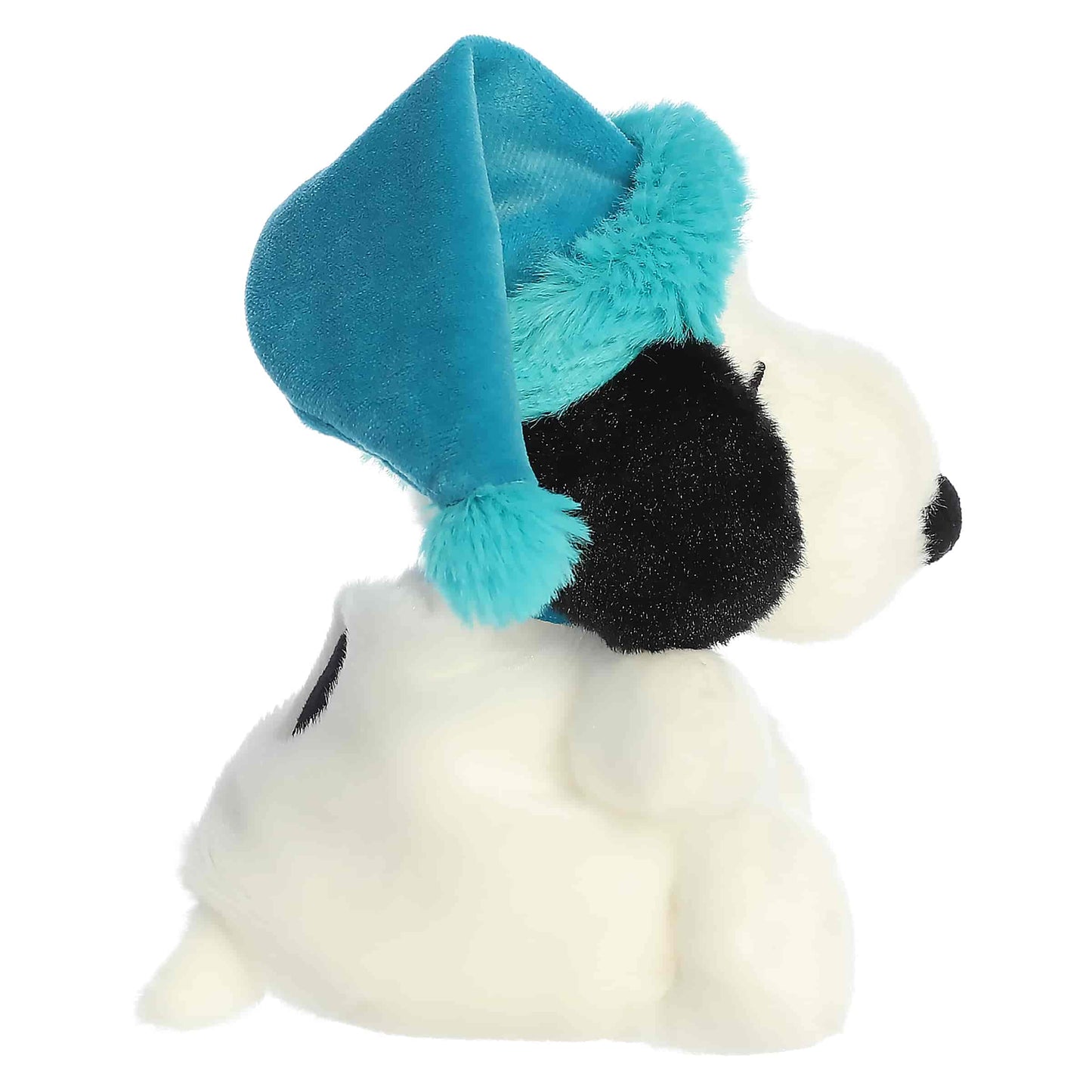 Palm Pals Bundled Up Snoopy plush wearing a teal blue winter cap with a turquoise faux fur trim and pom-pom.