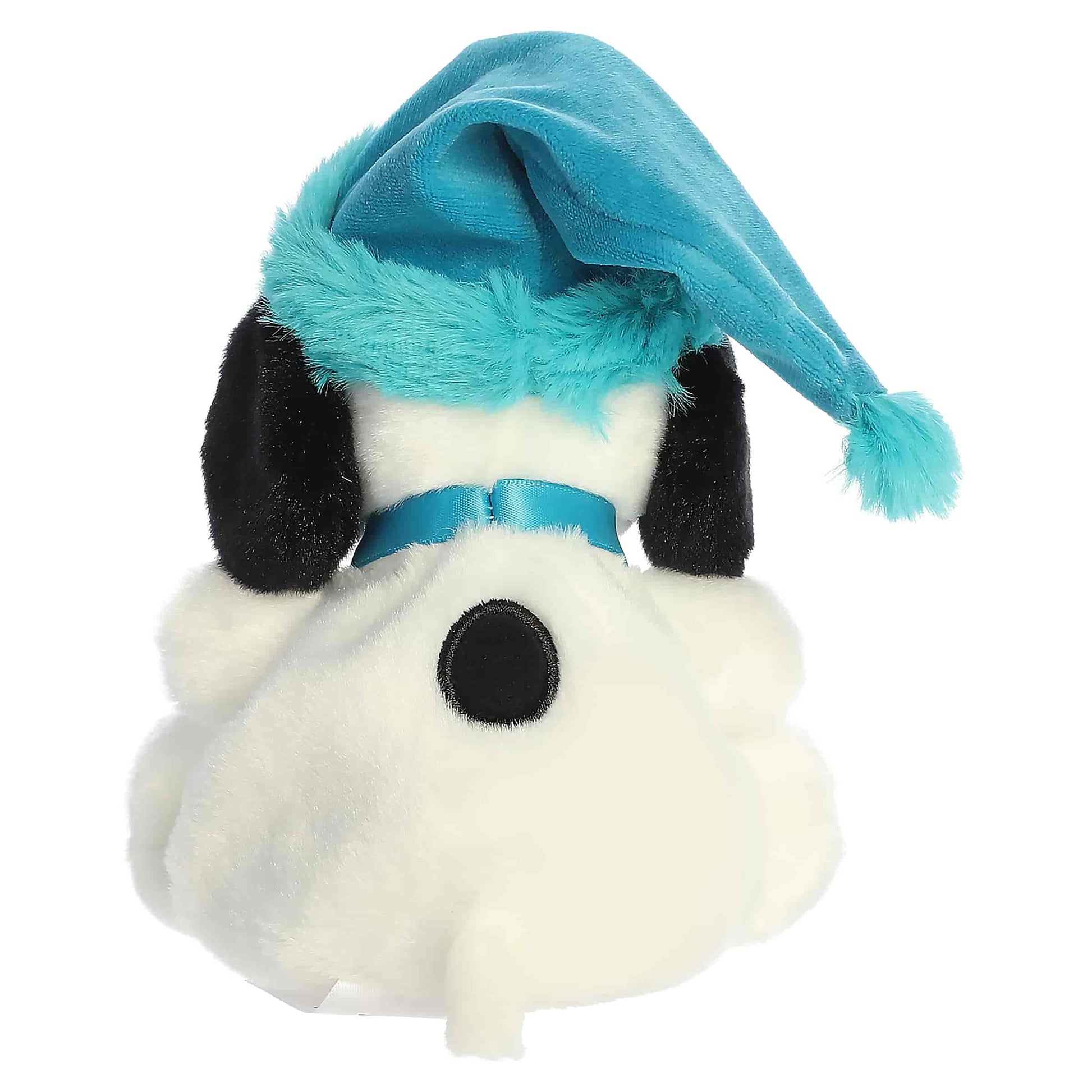 Palm Pals Bundled Up Snoopy plush wearing a teal blue winter cap with a turquoise faux fur trim and pom-pom.