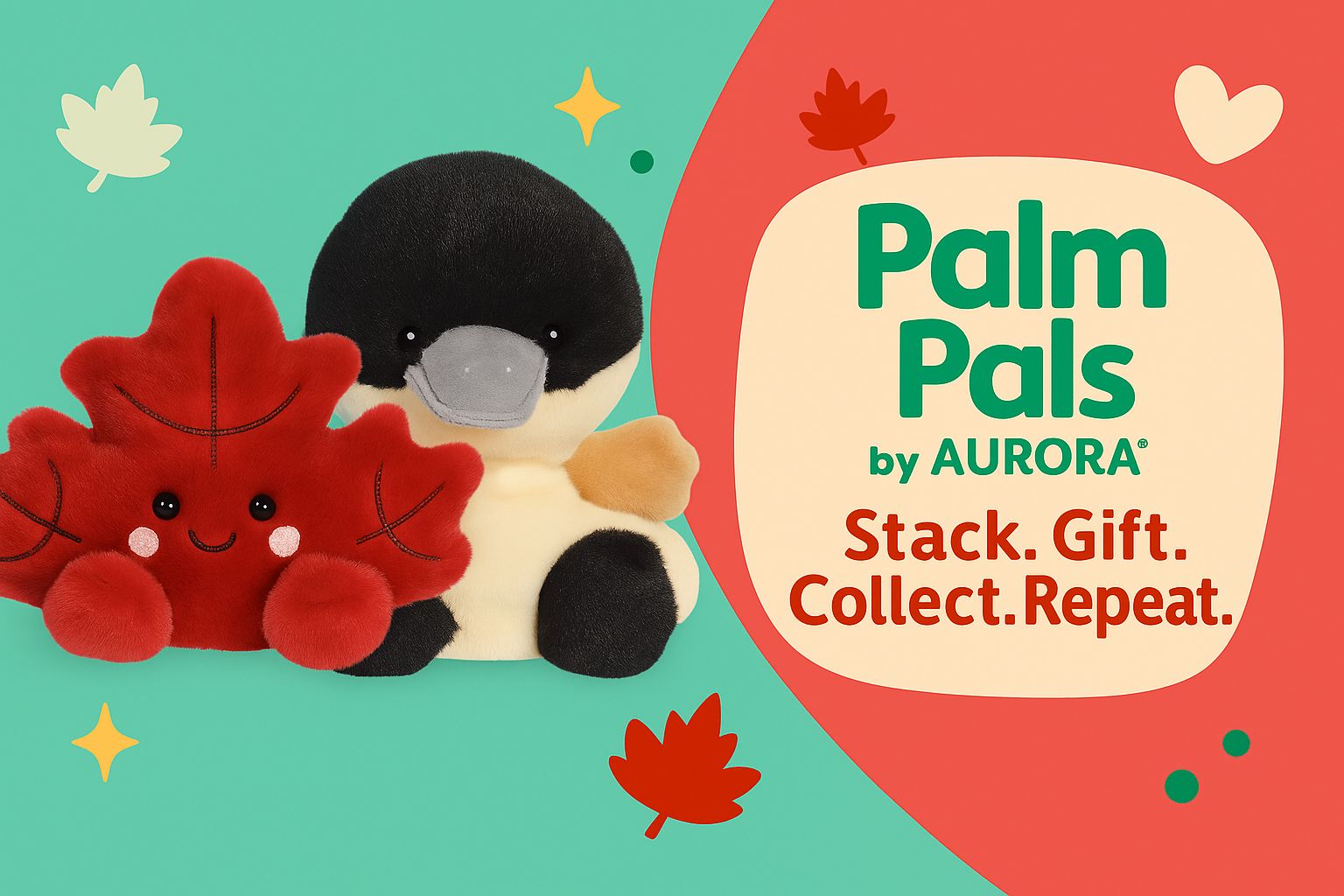Palm Pals by Aurora collection banner featuring maple leaf and Canadian goose plush with pastel Canadian-themed background and tagline Stack. Gift. Collect. Repeat.