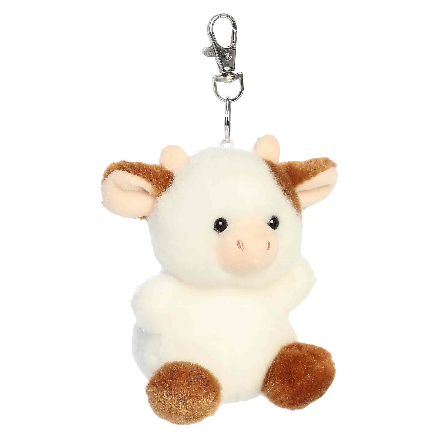 Palm Pals Caroline Brown Cow Clip-On plush featuring soft brown and white fur, cute little horns, and a metal keychain clip.