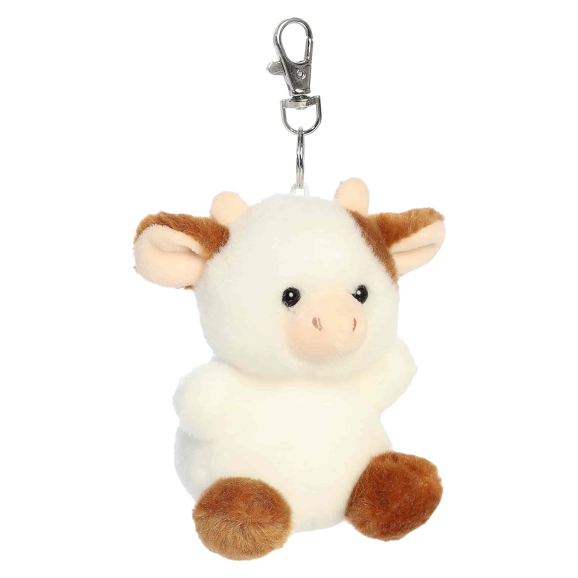Palm Pals Caroline Brown Cow Clip-On plush featuring soft brown and white fur, cute little horns, and a metal keychain clip.