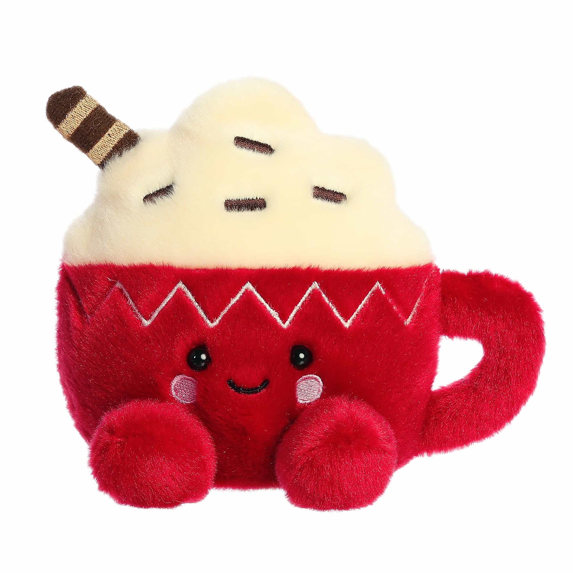 Palm Pals Cassia Hot Cocoa 5-inch plush featuring a red mug with zigzag pattern, whipped cream topping, chocolate sprinkles, and rosy cheeks.
