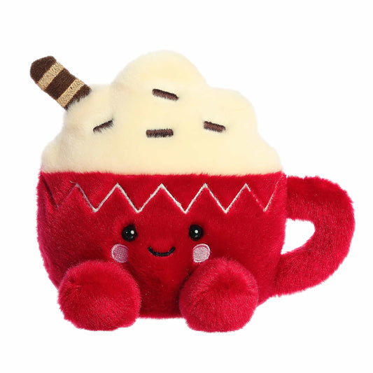 Palm Pals Cassia Hot Cocoa 5-inch plush featuring a red mug with zigzag pattern, whipped cream topping, chocolate sprinkles, and rosy cheeks.