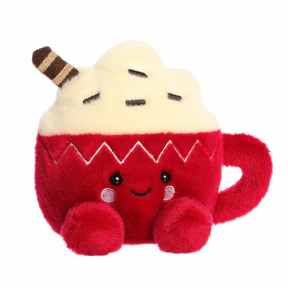 Palm Pals Cassia Hot Cocoa 5-inch plush featuring a red mug with zigzag pattern, whipped cream topping, chocolate sprinkles, and rosy cheeks.