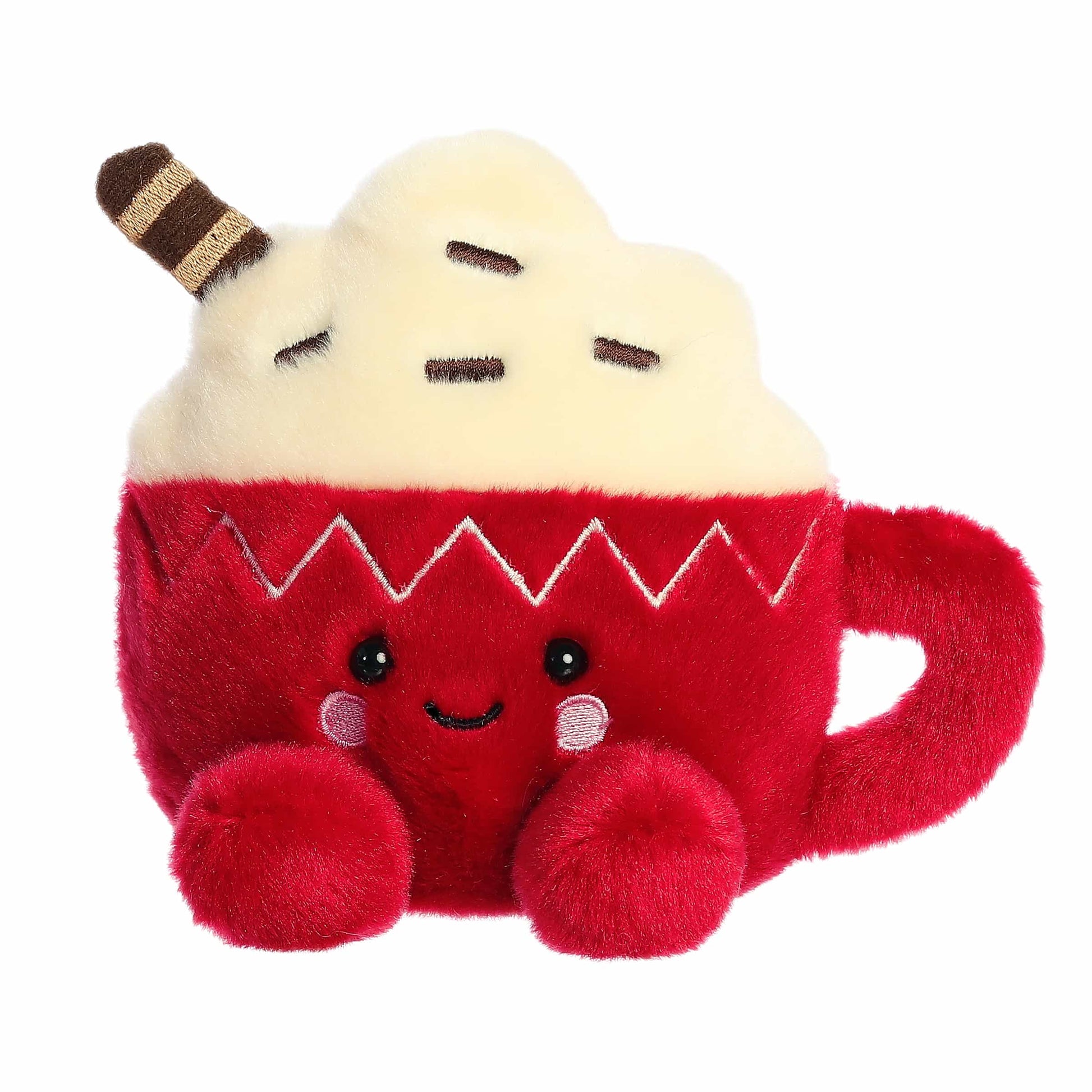 Palm Pals Cassia Hot Cocoa 5-inch plush featuring a red mug with zigzag pattern, whipped cream topping, chocolate sprinkles, and rosy cheeks.
