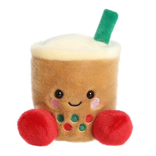 Palm Pals Chewy Festive Boba plush stuffed toy featuring a golden brown body, fluffy white top, green straw, red feet, and embroidered boba pearls.