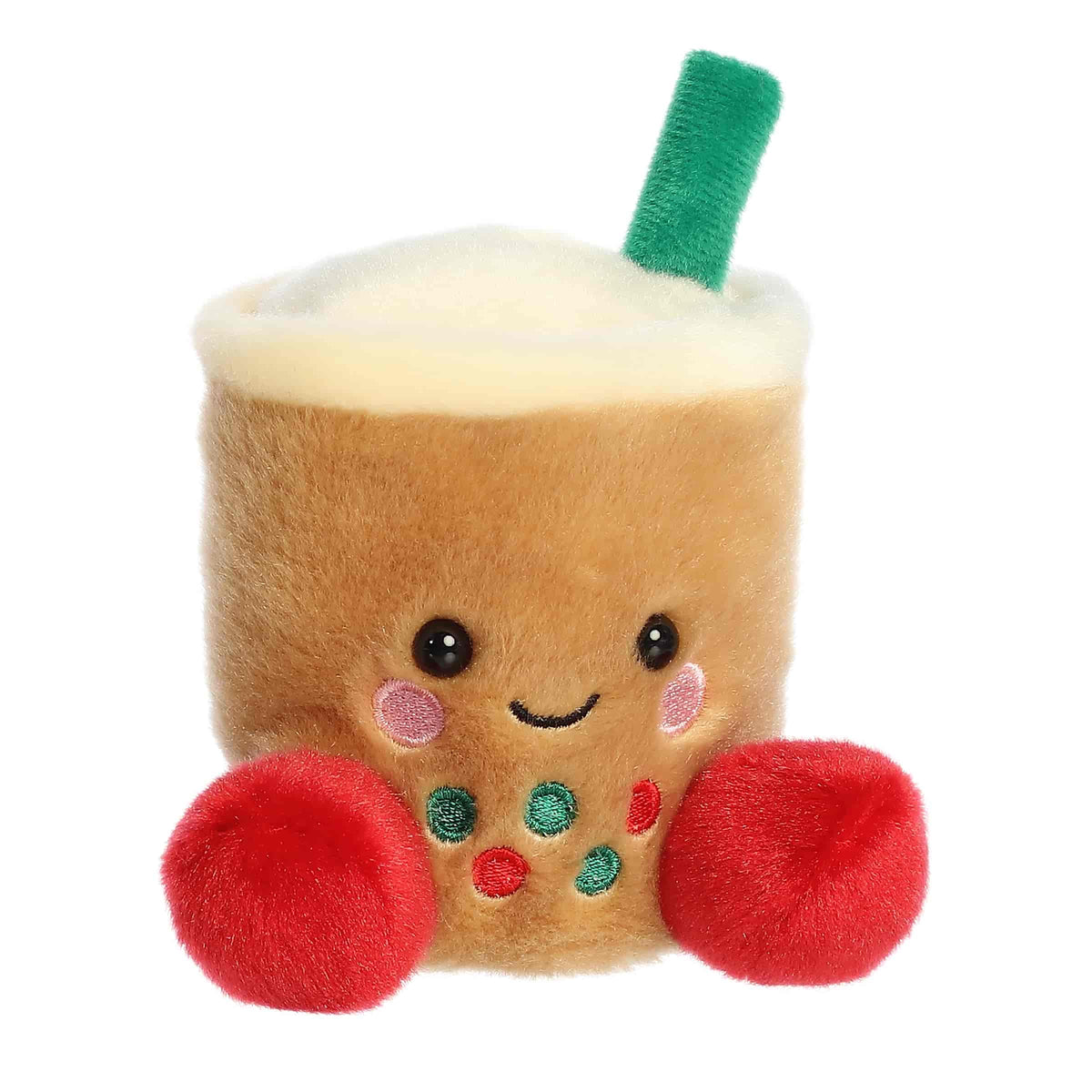 Palm Pals Chewy Festive Boba plush stuffed toy featuring a golden brown body, fluffy white top, green straw, red feet, and embroidered boba pearls.