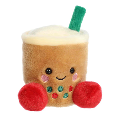 Palm Pals Chewy Festive Boba plush stuffed toy featuring a golden brown body, fluffy white top, green straw, red feet, and embroidered boba pearls.