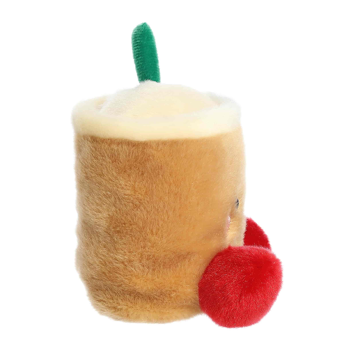 Palm Pals Chewy Festive Boba plush stuffed toy featuring a golden brown body, fluffy white top, green straw, red feet, and embroidered boba pearls.