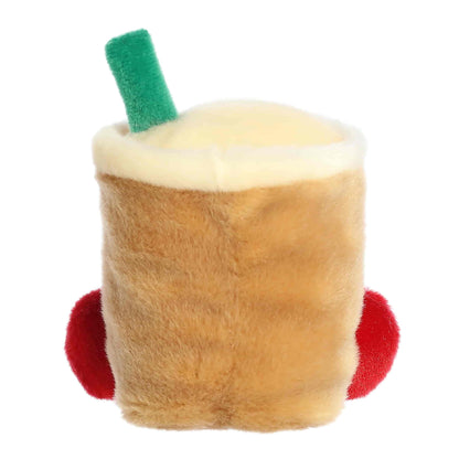 Palm Pals Chewy Festive Boba plush stuffed toy featuring a golden brown body, fluffy white top, green straw, red feet, and embroidered boba pearls.