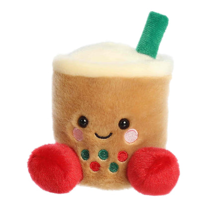 Palm Pals Chewy Festive Boba plush stuffed toy featuring a golden brown body, fluffy white top, green straw, red feet, and embroidered boba pearls.