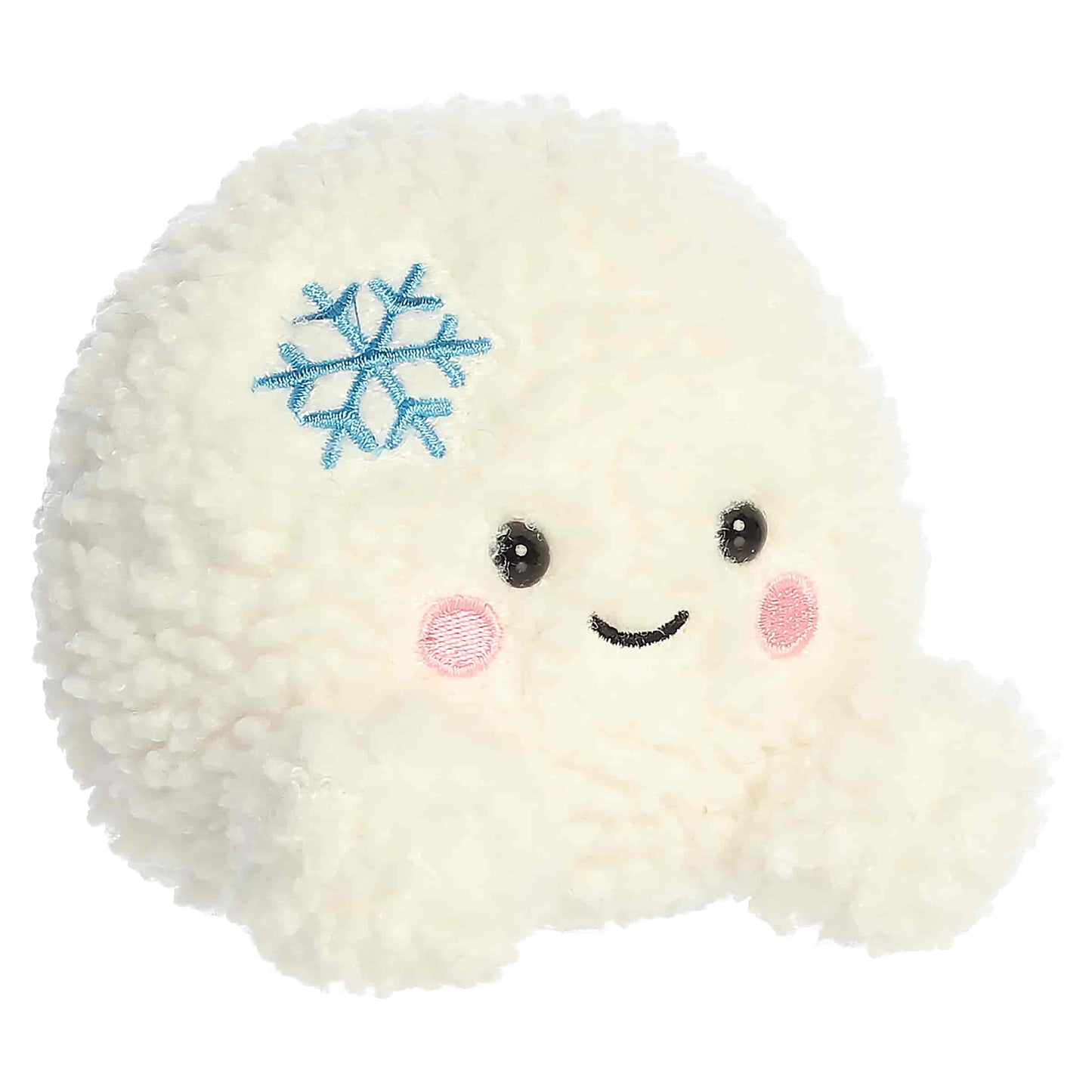 Palm Pals Chuck Snowball 4.5-inch white sherpa plush with an embroidered blue snowflake on his head and pink cheeks.