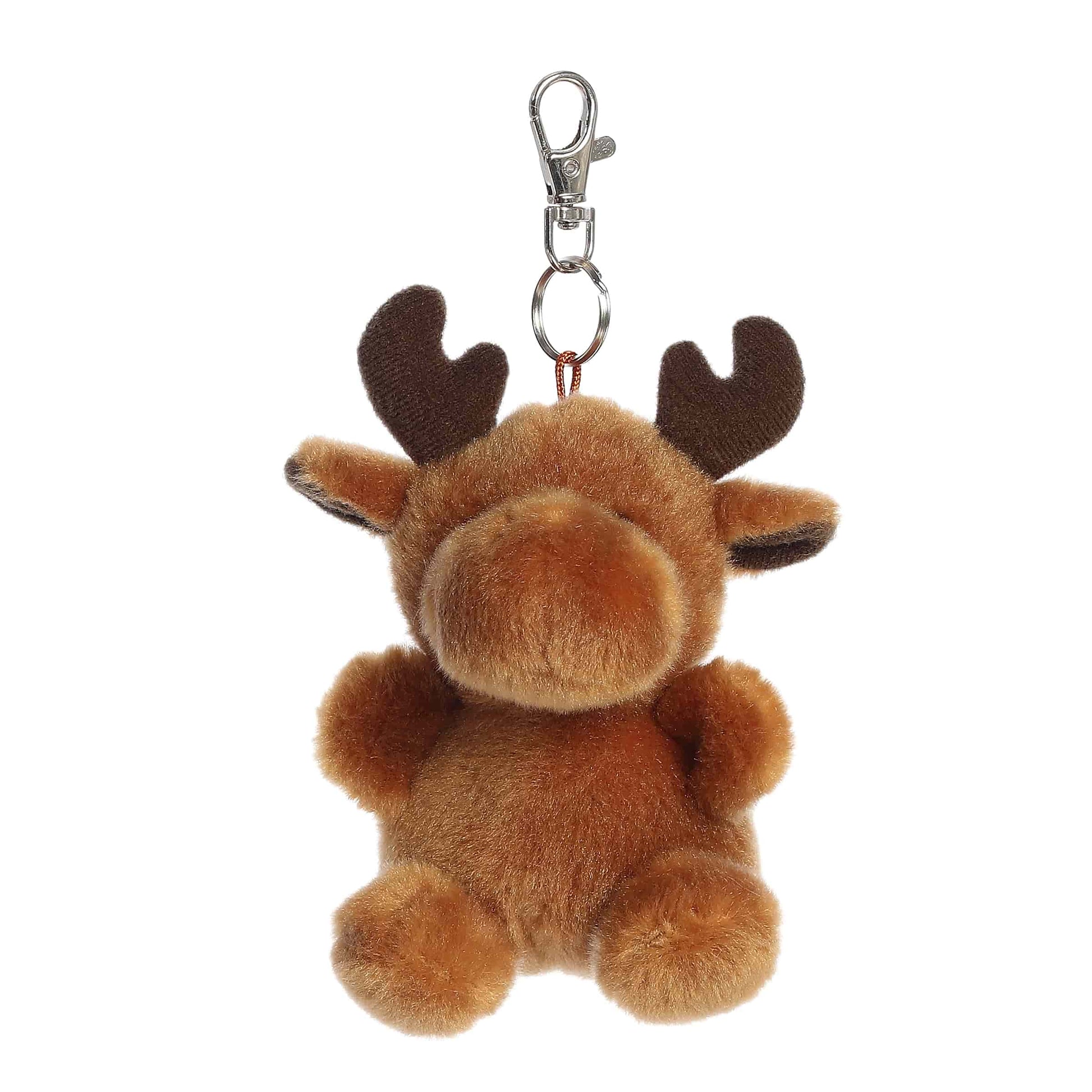 Product view of Palm Pals Cinnamon Moose, a 4-inch brown plush moose with dark brown antlers and a plastic keychain clip.