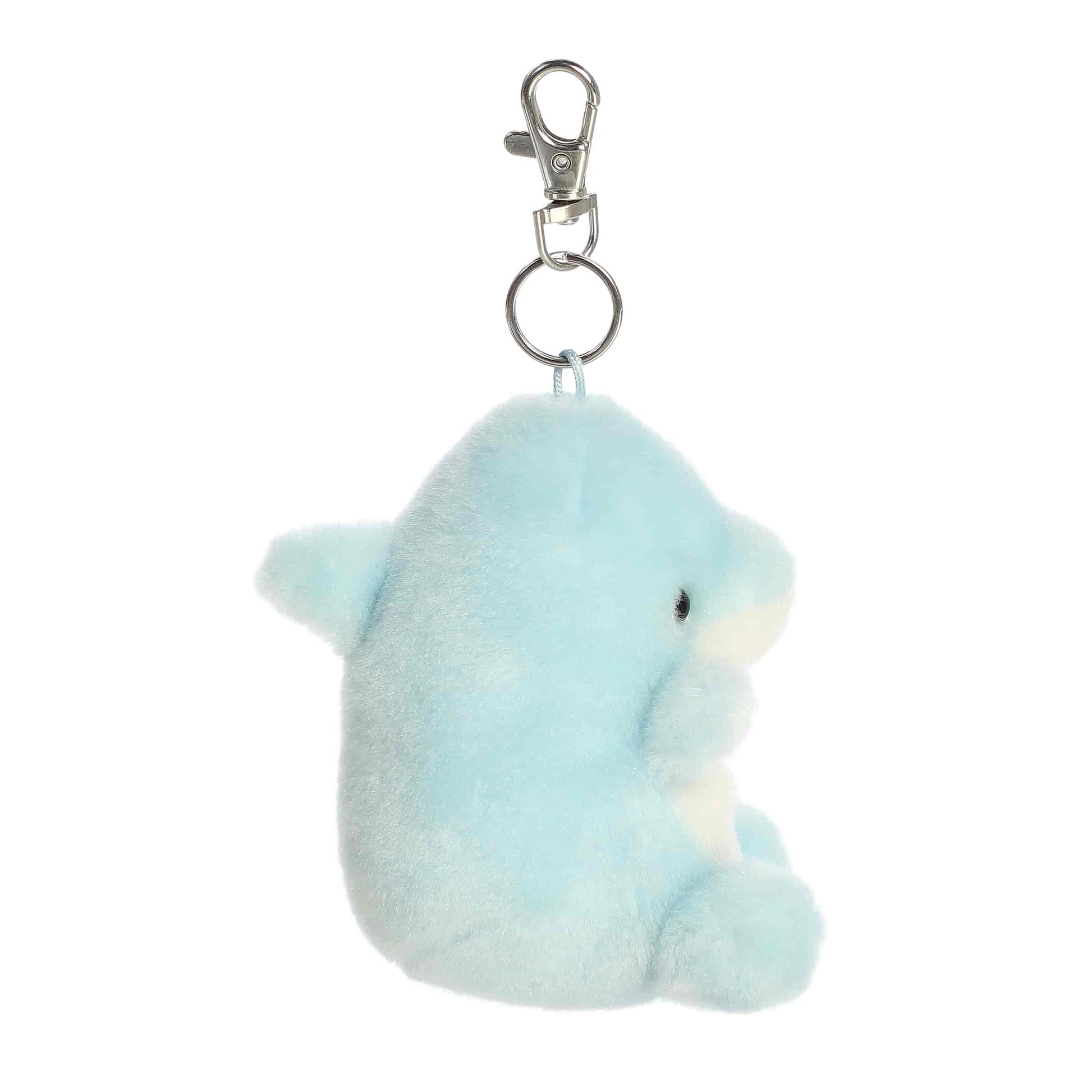 Side view of Palm Pals Clicks Dolphin 4-inch clip-on plush soft toy