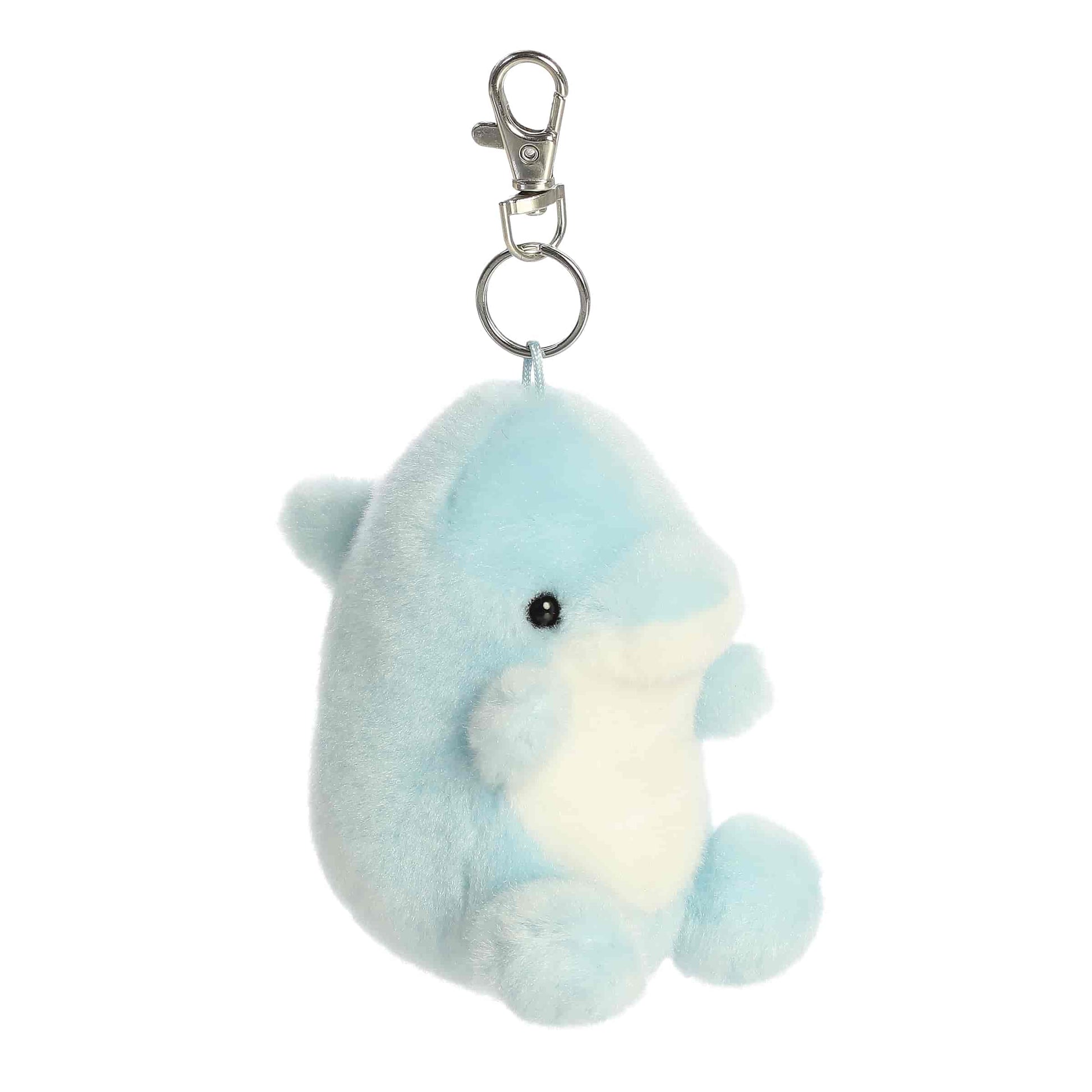 Palm Pals Clicks Dolphin 4-inch clip-on plush soft toy, a blue dolphin with a white belly attached to a clip.