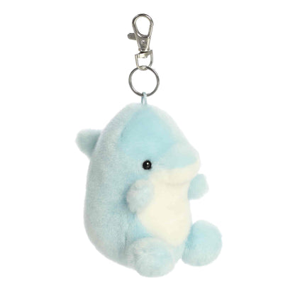 Palm Pals Clicks Dolphin 4-inch clip-on plush soft toy, a blue dolphin with a white belly attached to a clip.