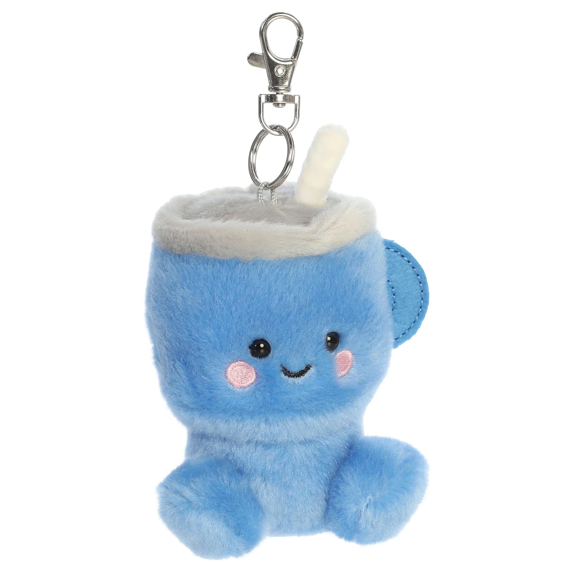 Palm Pals Cliff Travel Cup mini plush clip-on featuring sky blue fur, rosy embroidered cheeks, a plush straw, and a metal clip.