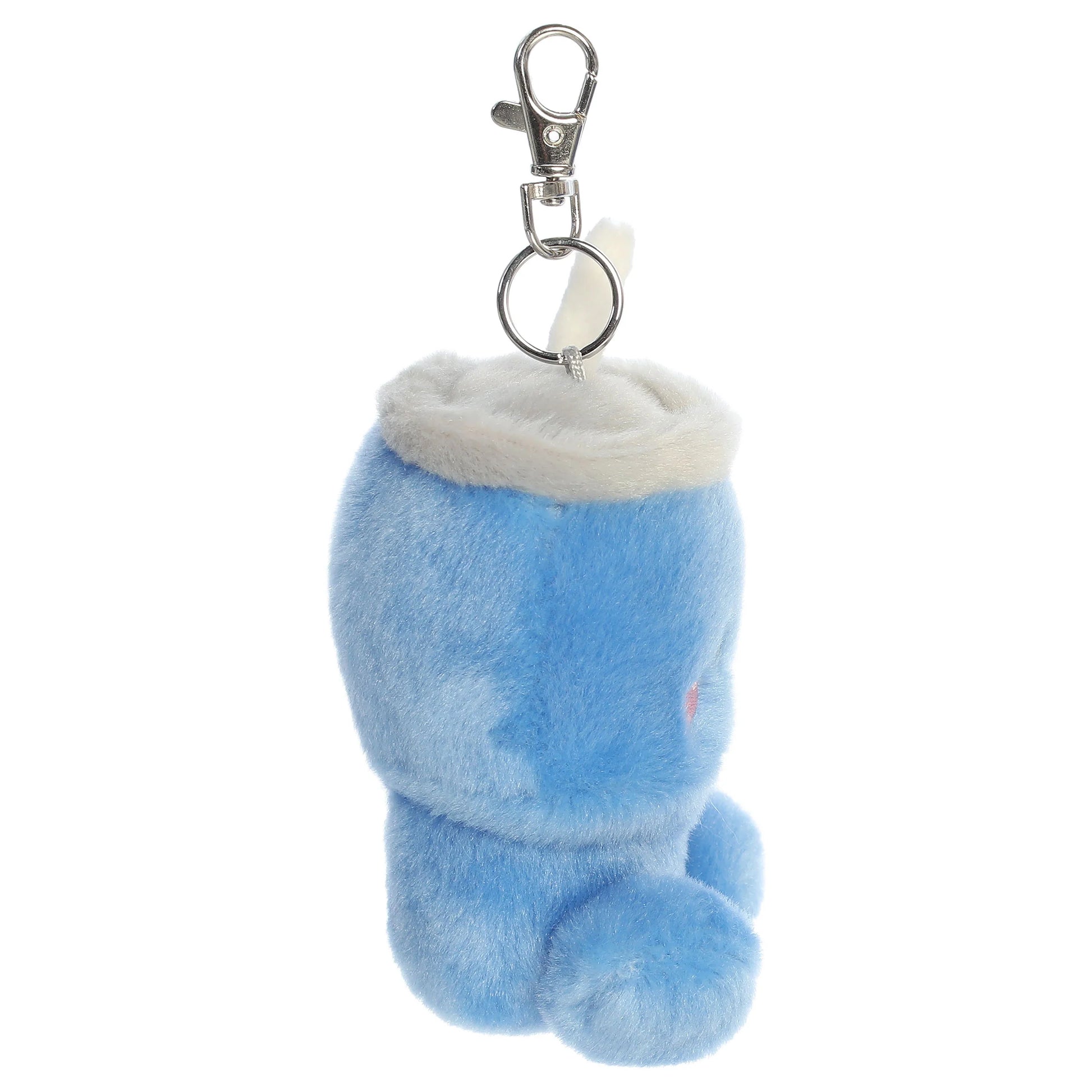Palm Pals Cliff Travel Cup mini plush clip-on featuring sky blue fur, rosy embroidered cheeks, a plush straw, and a metal clip.