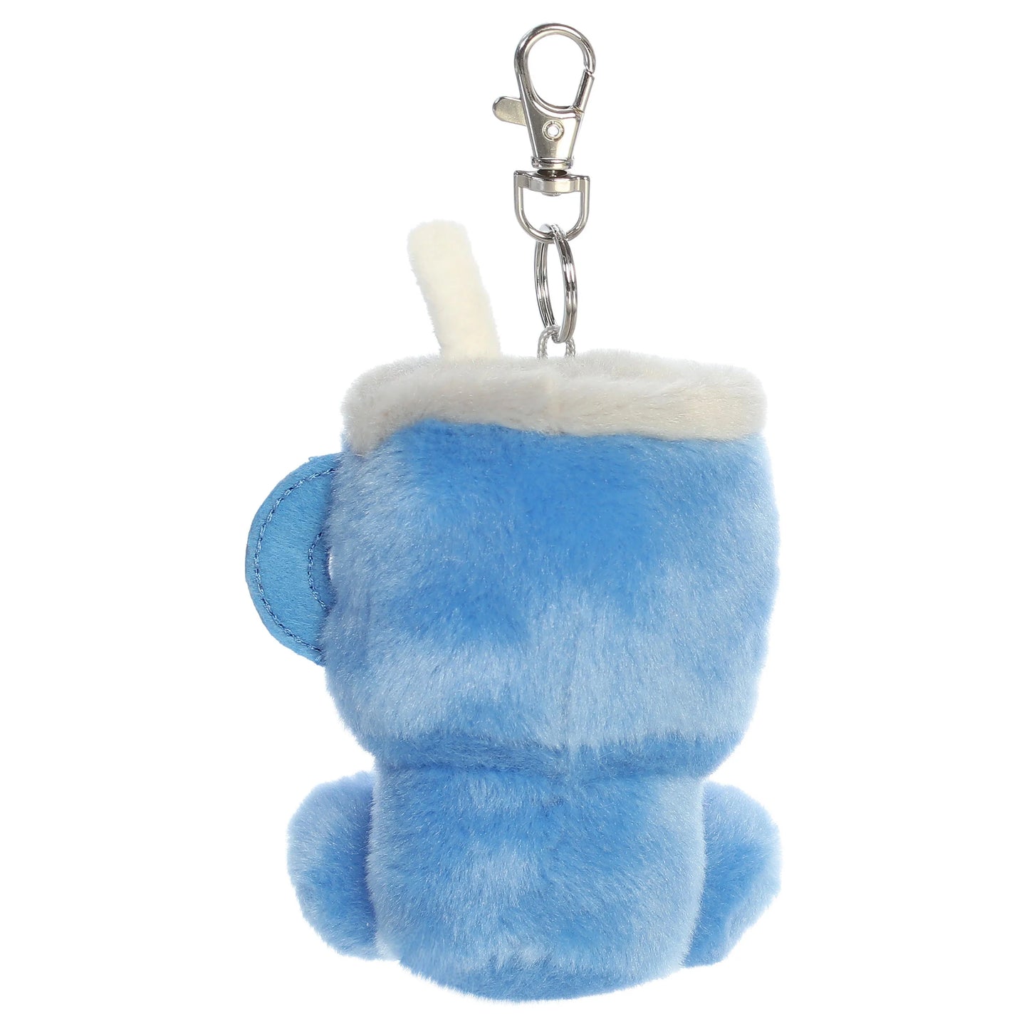 Palm Pals Cliff Travel Cup mini plush clip-on featuring sky blue fur, rosy embroidered cheeks, a plush straw, and a metal clip.