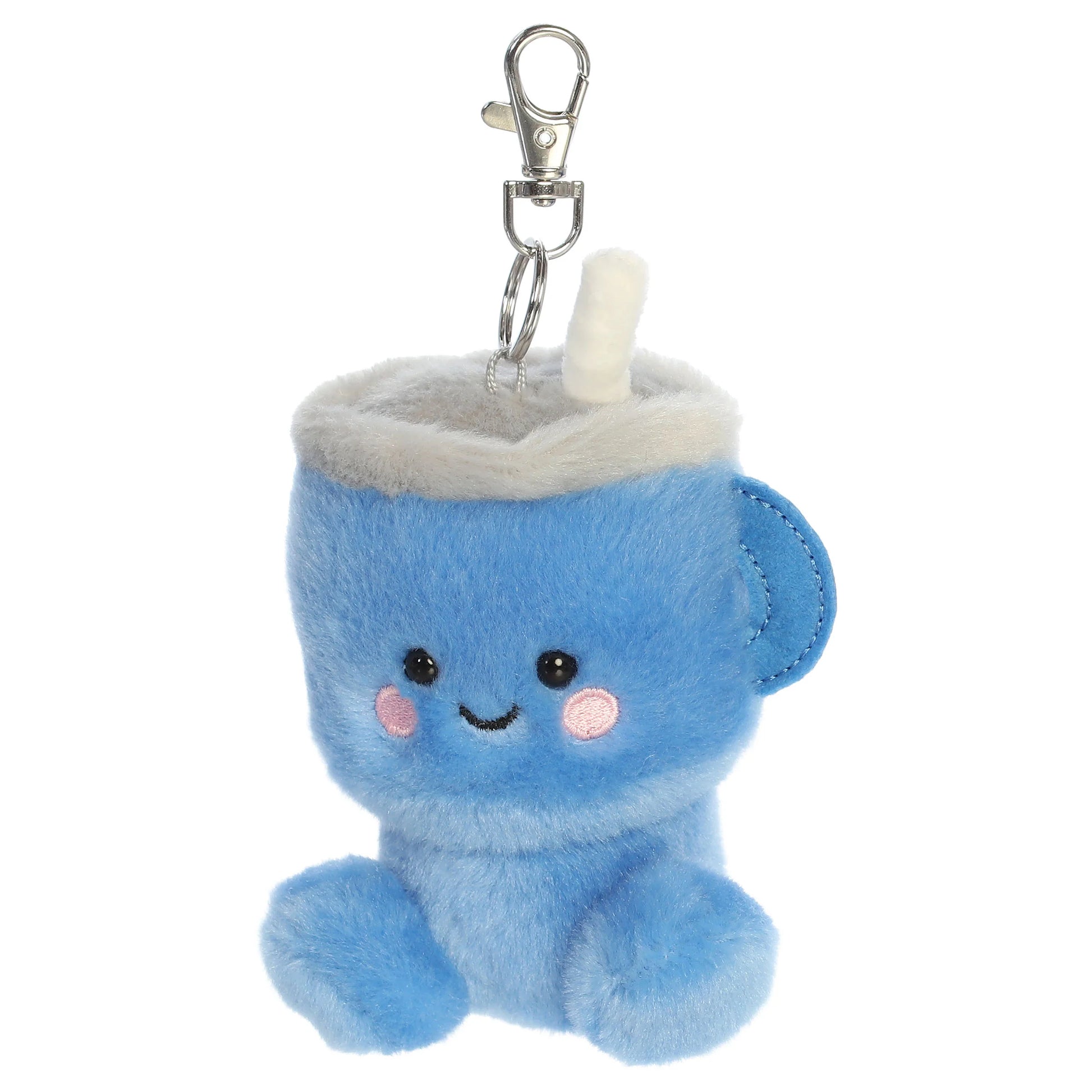 Palm Pals Cliff Travel Cup mini plush clip-on featuring sky blue fur, rosy embroidered cheeks, a plush straw, and a metal clip.