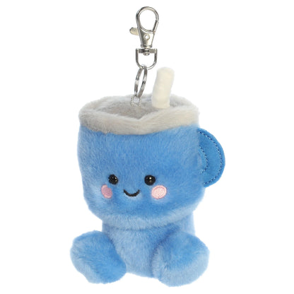 Palm Pals Cliff Travel Cup mini plush clip-on featuring sky blue fur, rosy embroidered cheeks, a plush straw, and a metal clip.