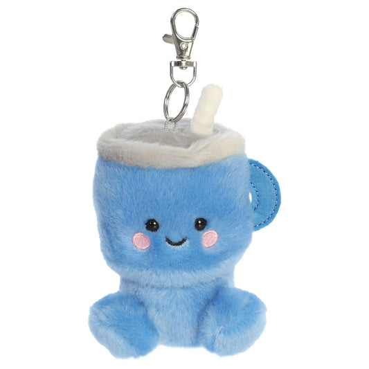 Palm Pals Cliff Travel Cup mini plush clip-on featuring sky blue fur, rosy embroidered cheeks, a plush straw, and a metal clip.