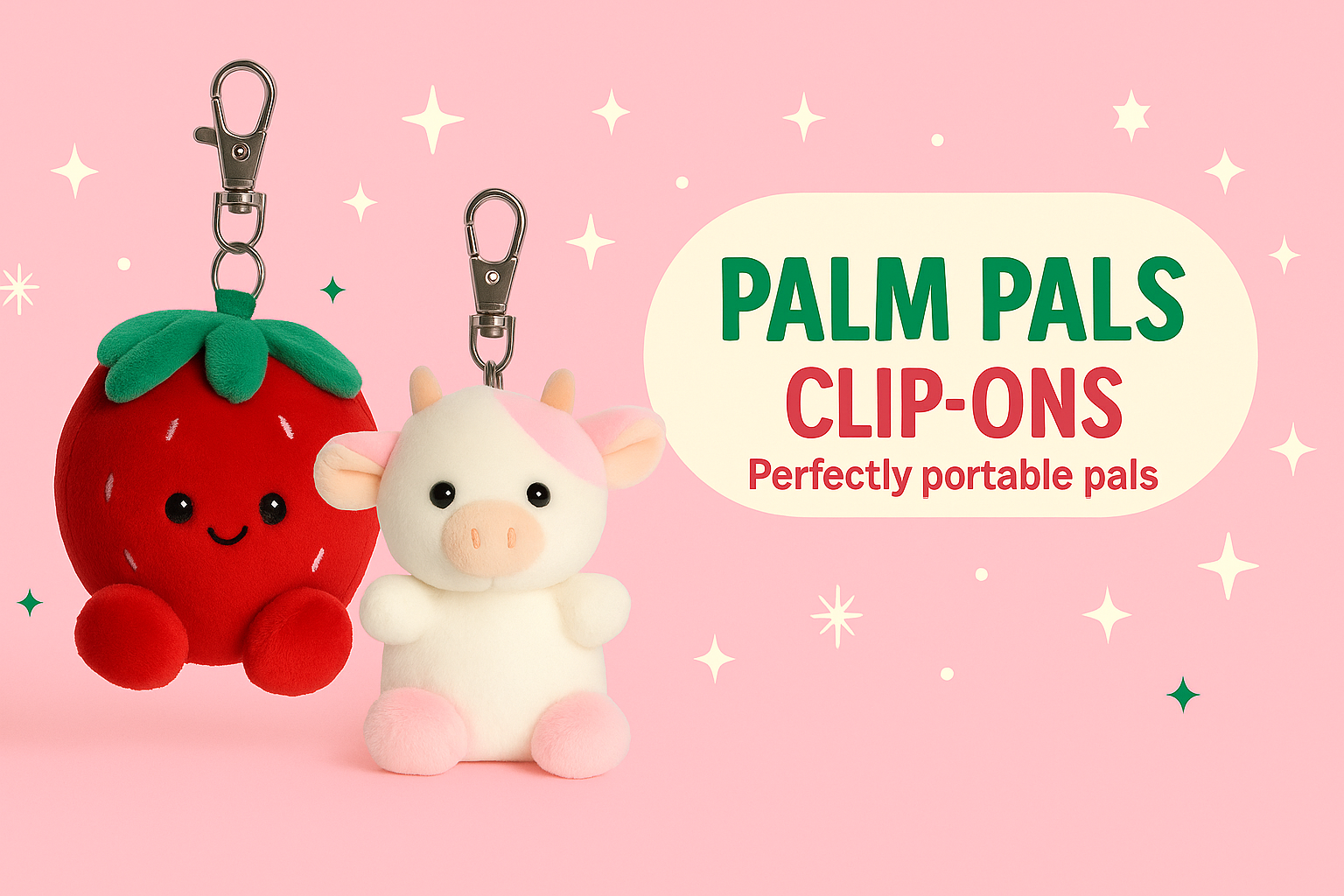 Palm Pals Clip-Ons banner featuring a cow and strawberry plush keychain with pastel background and tagline Perfectly Portable Pals