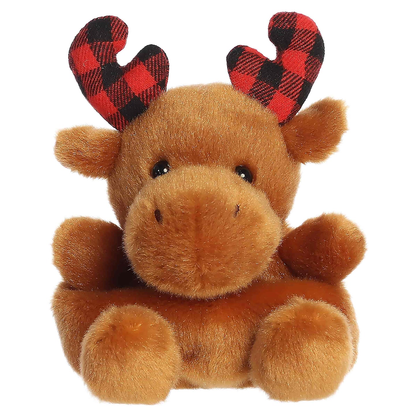 Palm Pals Clove Plaid Moose 4-inch brown plush featuring red and black buffalo plaid fabric antlers and rounded ears.