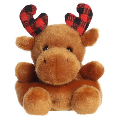 Palm Pals Clove Plaid Moose 4-inch brown plush featuring red and black buffalo plaid fabric antlers and rounded ears.