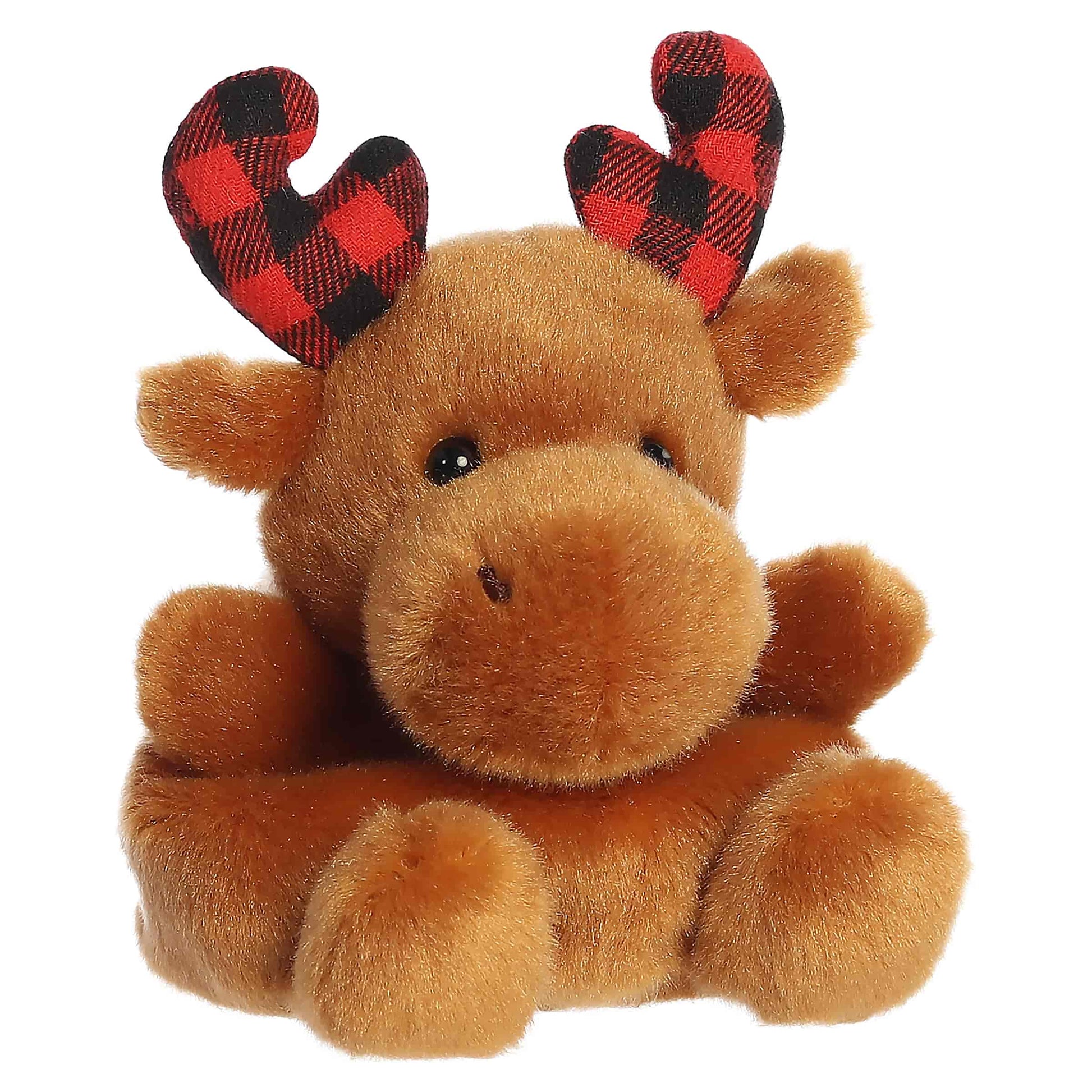 Palm Pals Clove Plaid Moose 4-inch brown plush featuring red and black buffalo plaid fabric antlers and rounded ears.