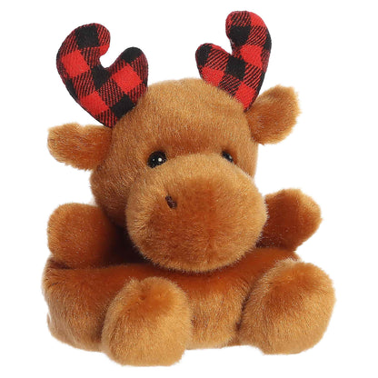 Palm Pals Clove Plaid Moose 4-inch brown plush featuring red and black buffalo plaid fabric antlers and rounded ears.