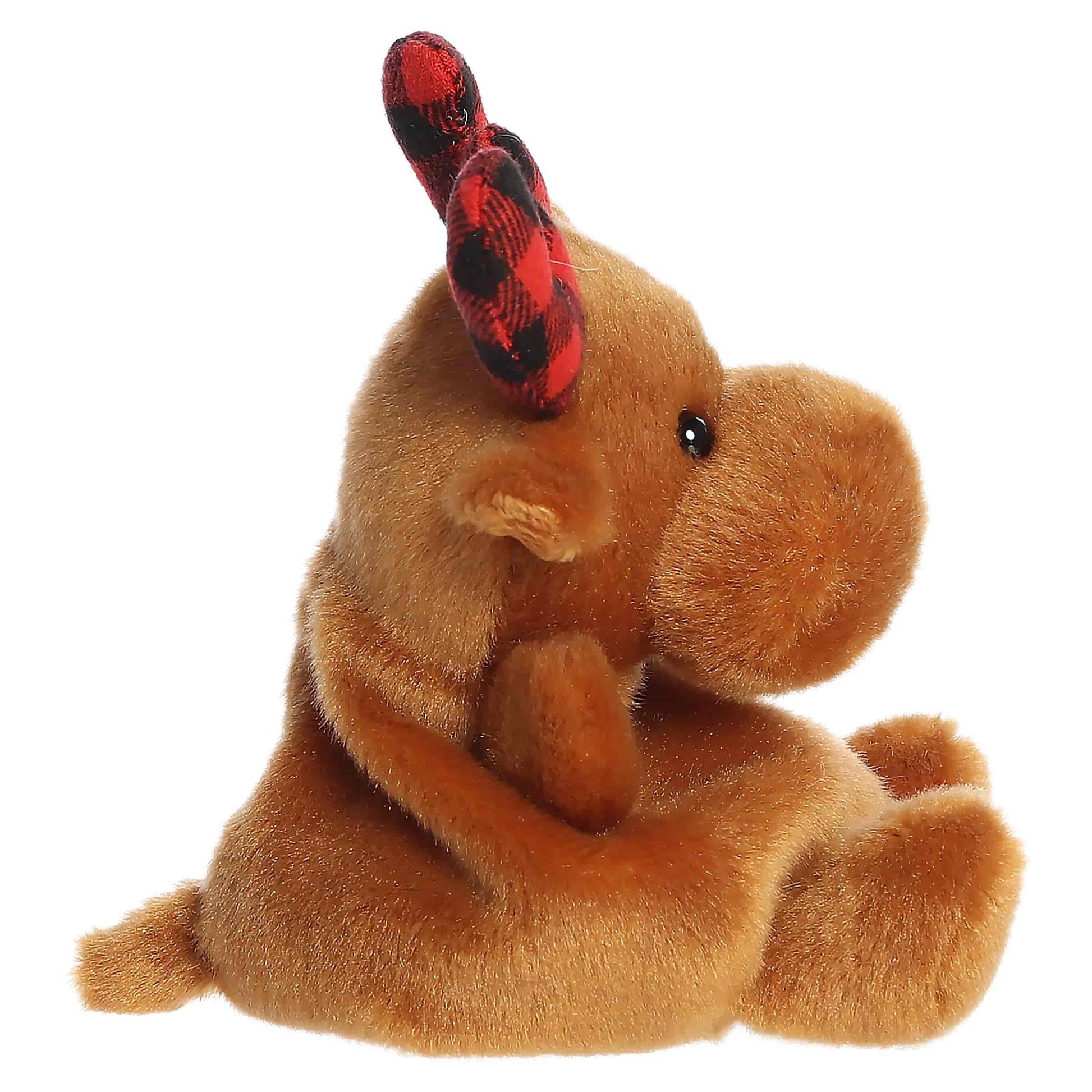 Palm Pals Clove Plaid Moose 4-inch brown plush featuring red and black buffalo plaid fabric antlers and rounded ears.