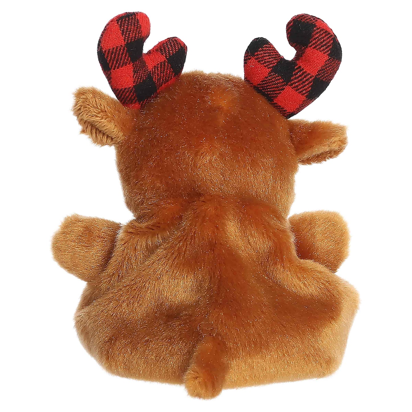 Palm Pals Clove Plaid Moose 4-inch brown plush featuring red and black buffalo plaid fabric antlers and rounded ears.