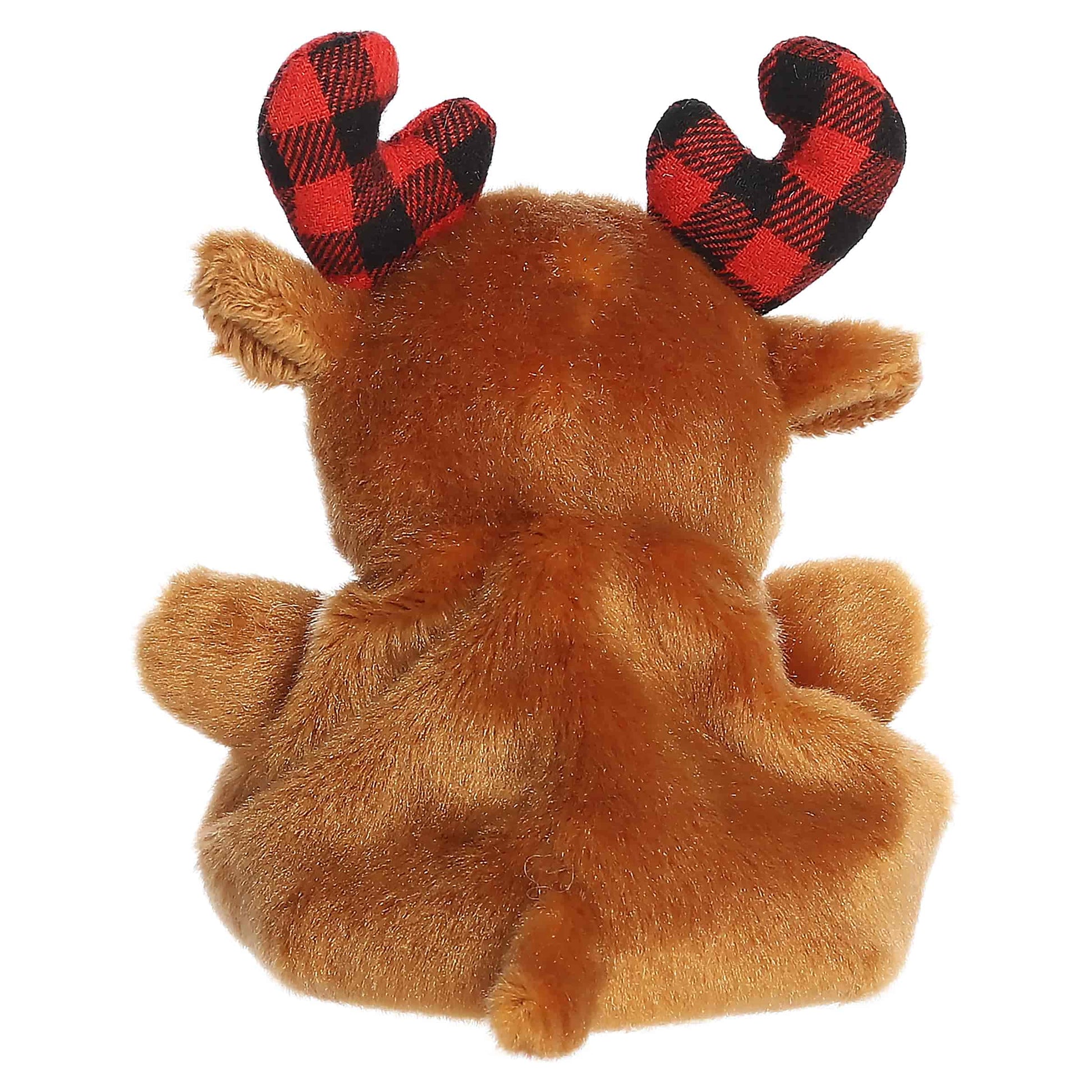 Palm Pals Clove Plaid Moose 4-inch brown plush featuring red and black buffalo plaid fabric antlers and rounded ears.