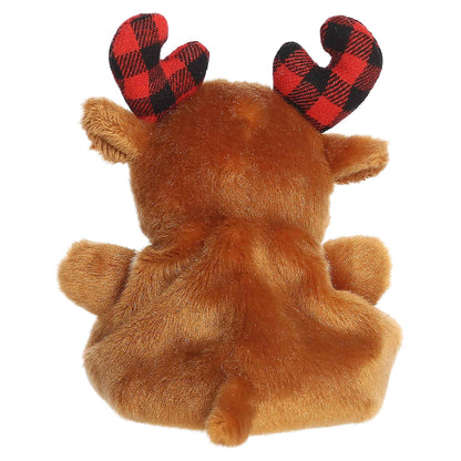 Palm Pals Clove Plaid Moose 4-inch brown plush featuring red and black buffalo plaid fabric antlers and rounded ears.