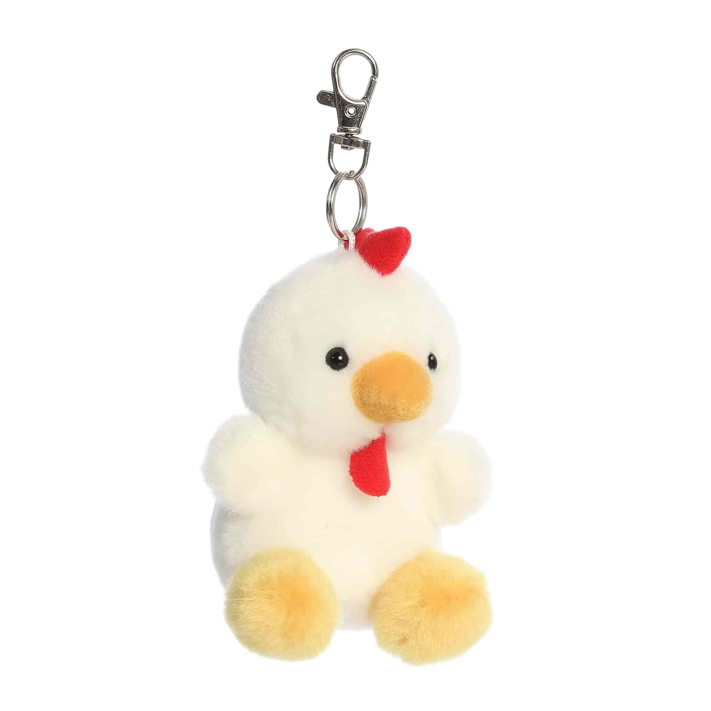 Angled view of Palm Pals Cooper Chicken, a 4-inch white plush clip.